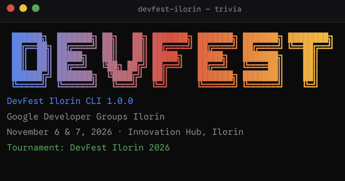 The DevFest CLI running in a terminal, showing the DevFest banner and the tournament.